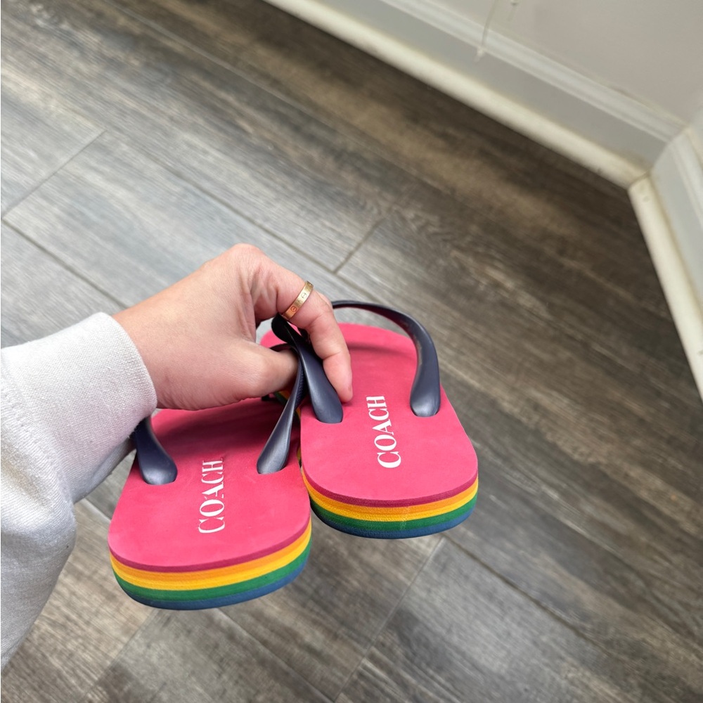 Coach Red Flip Flops with Rainbow Platform - Picture 6 of 6